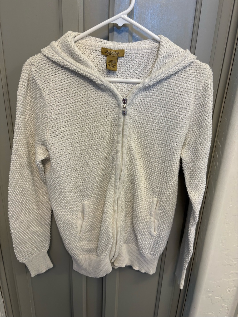 Women's White Hooded Full Zip Knit Sweater